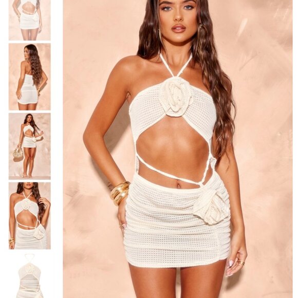 PLT Cream Texture Halter Cut Out Flower Dress, 0 - Picture 4 of 7